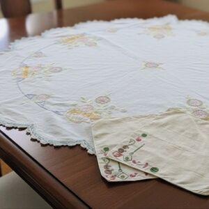 Vintage Farmhouse Hand-Embroidered Pastel Linen Table-Topper & Veggie Napkin Set